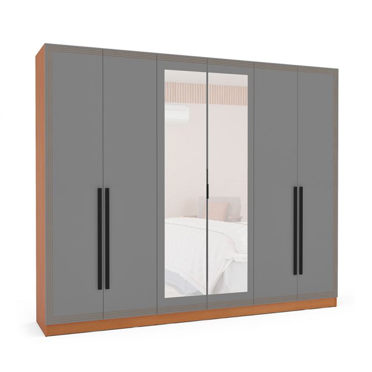 Image of Guarda-roupa Casal Com Espelho Valência 6 Portas 4 Gavetas Freijó E Cinza PLA-MO895CL57OSGMOB