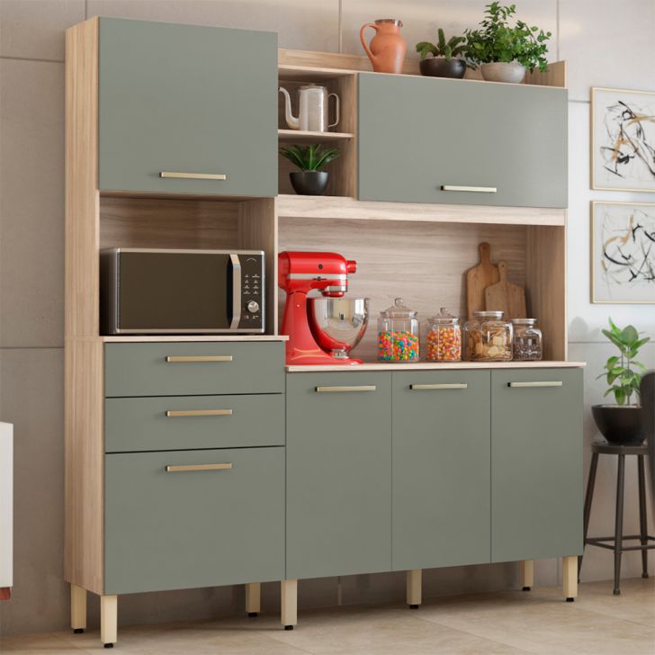 Armário de Cozinha Select 6 Portas 2 Gavetas Avena e Menta
