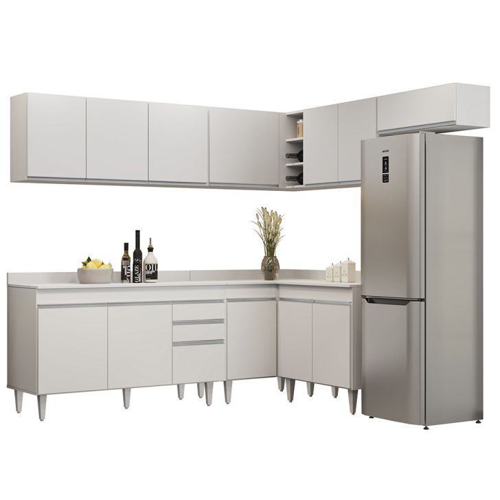 Armário de Cozinha Modulado de Canto 7 Peças CP23 Balcão com Tampo Branco - Lumil