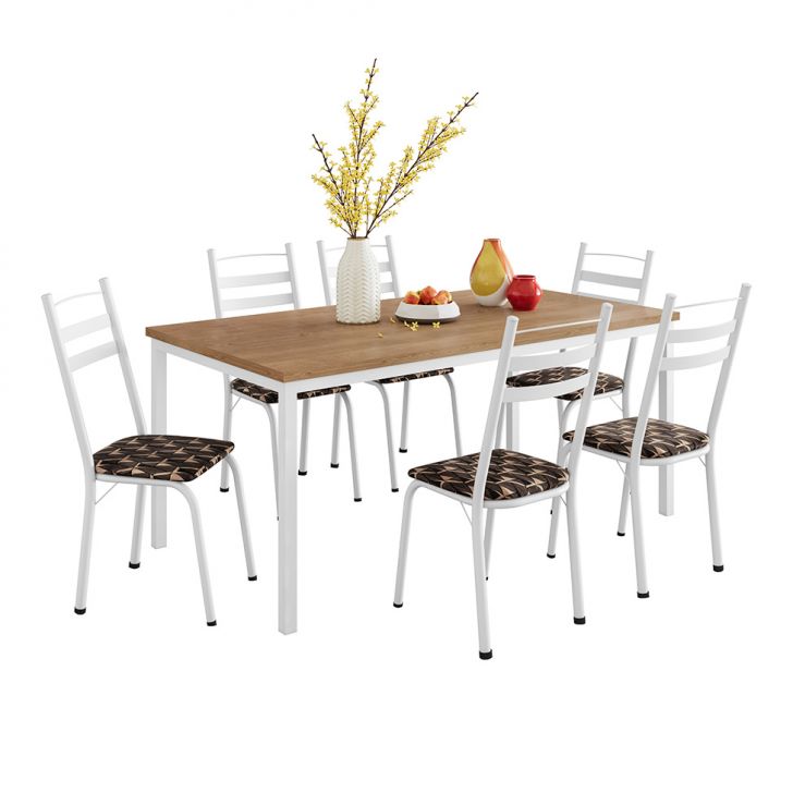 Conjunto De Mesa Retangular Com Tampo De Mdp Amadeirado E 6 Cadeiras Adriana Iii Revestimento Sintético Palha E Branco