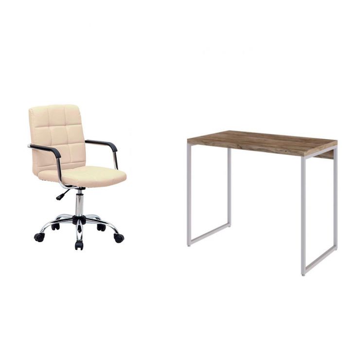 Conjunto de Mesa Studio Carvalho e Branca com Cadeira de Escritório Secretária Giratória Fitz Bege