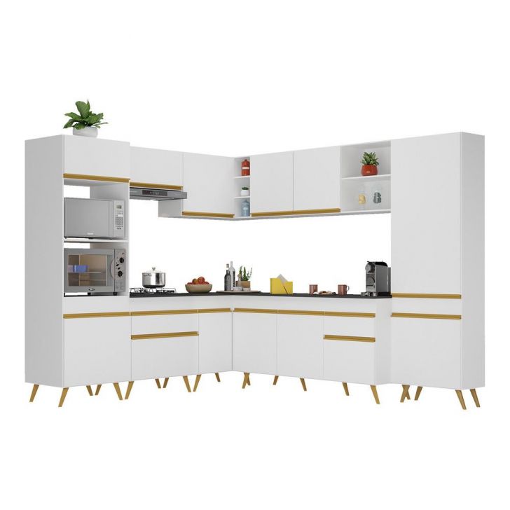 Armário de Cozinha Completa de Canto Veneza Multimóveis V2047  Branco/Dourado