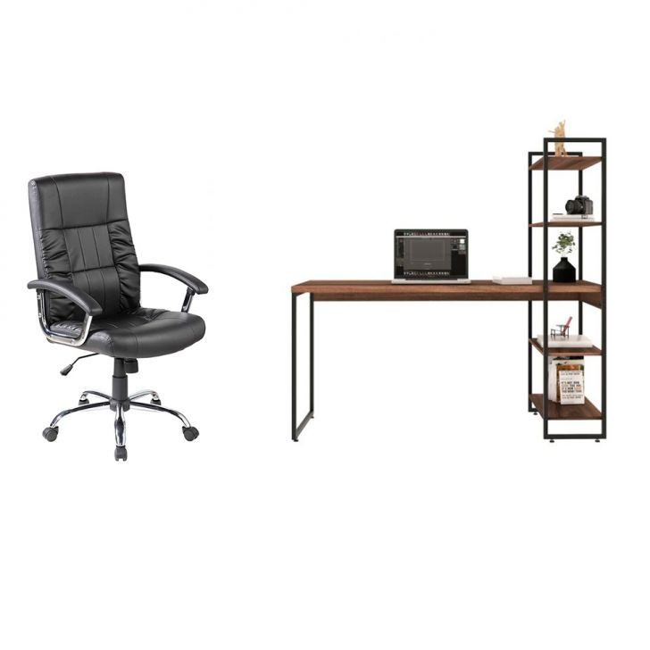 Conjunto de Mesa Studio com Estante Nogal 146 cm com Cadeira de Escritório Presidente Giratória com Relax Office Plus Preta