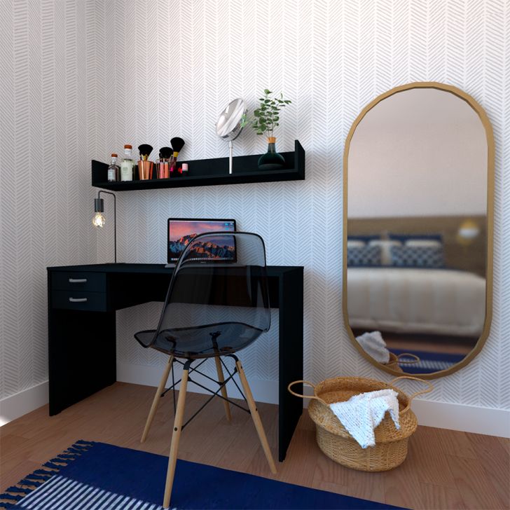 Conjunto De Mesa Com Gaveteiro E Prateleira De Escritório Helen Preto