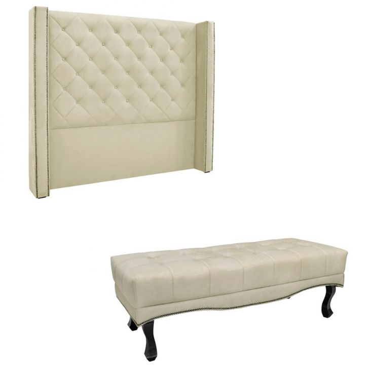 Conjunto de Cabeceira King com Recamier Vicenza Veludo Bege