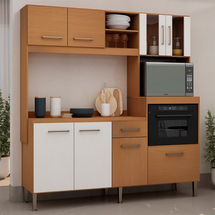 Cozinha Compacta com Tampo Helena 7 Portas 1 Gaveta Freijó e Off White