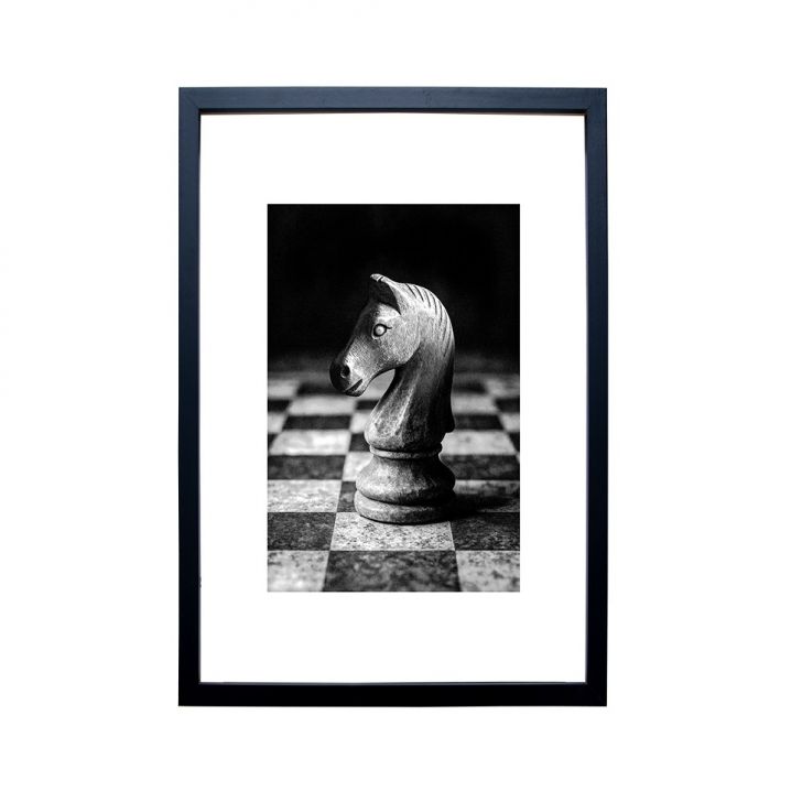 Quadro Decorativo com Vidro Chess Knight Preto e Branco