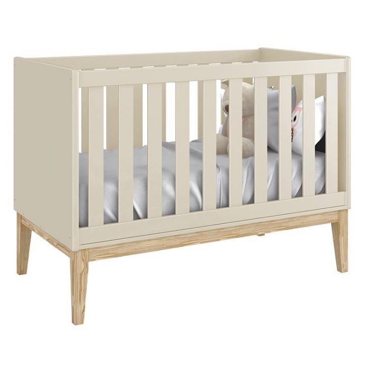 Berço Mini Cama Classic Areia Fosco com Pés Madeira Natural - Reller Móveis