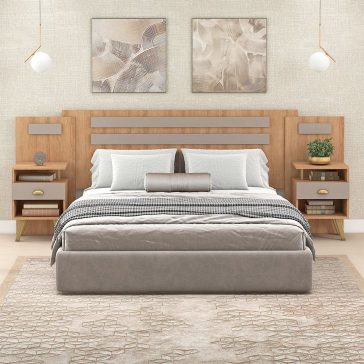 Conjunto De Cabeceira Casal Com 2 Mesas De Apoio Duna 2 Gv Mel E Fendi