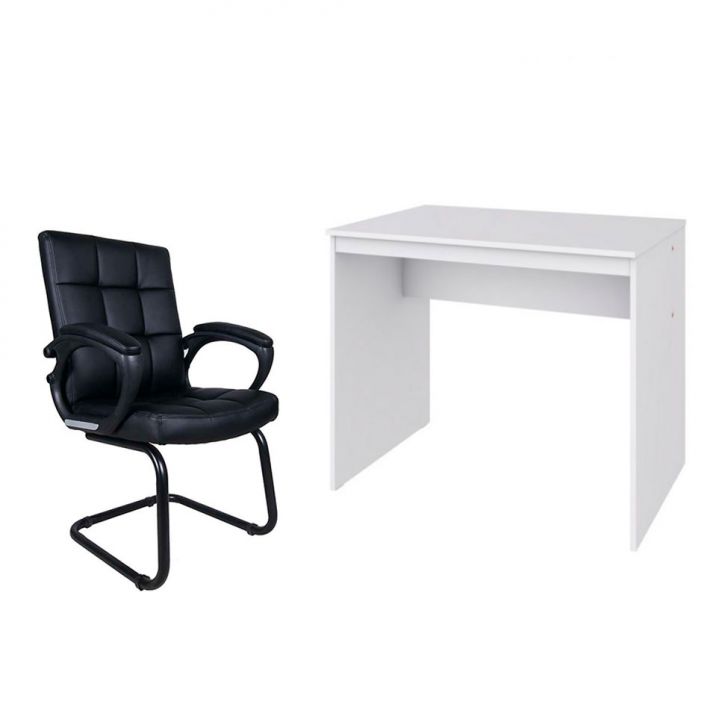 Conjunto de Mesa Office Branca com Cadeira de Escritório Interlocutor Fixa Charles Preta