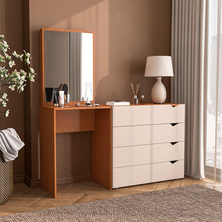 Cômoda com Espelho Porto 4 Gavetas Freijó e Creme