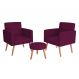 Conjunto com 2 Poltronas e 1 Puff Dallas Veludo Marsala