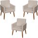 Kit 3 Poltronas Para Sala Decorativa Confortáveis Beatriz Suede Bege Pé Castanho - Clique E Decore