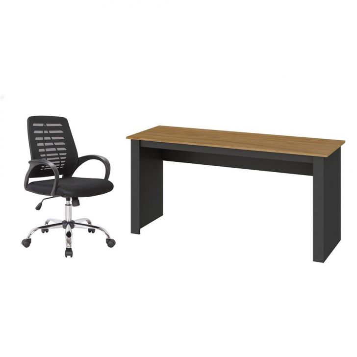 Conjunto de Mesa Liz Nogal e Grafite com Cadeira de Escritório Secretária Giratória Light Preta