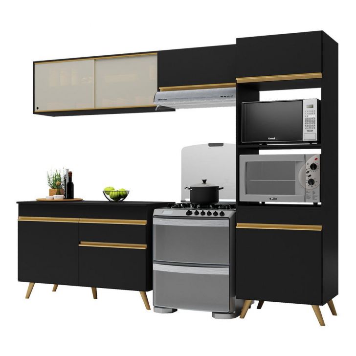 Armário de Cozinha Compacta 252cm Veneza Multimóveis V3692 Preto/Dourado