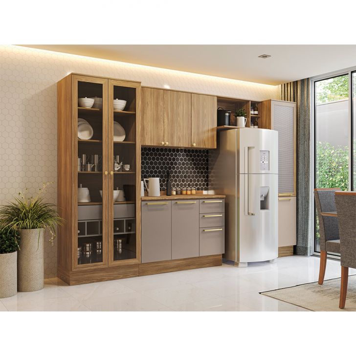 Image of Cozinha Compacta Botanic Com Vidro Com Tela 9 Portas 4 Gavetas Nogueira E Fendi PLA-KA161CL47PFWMOB