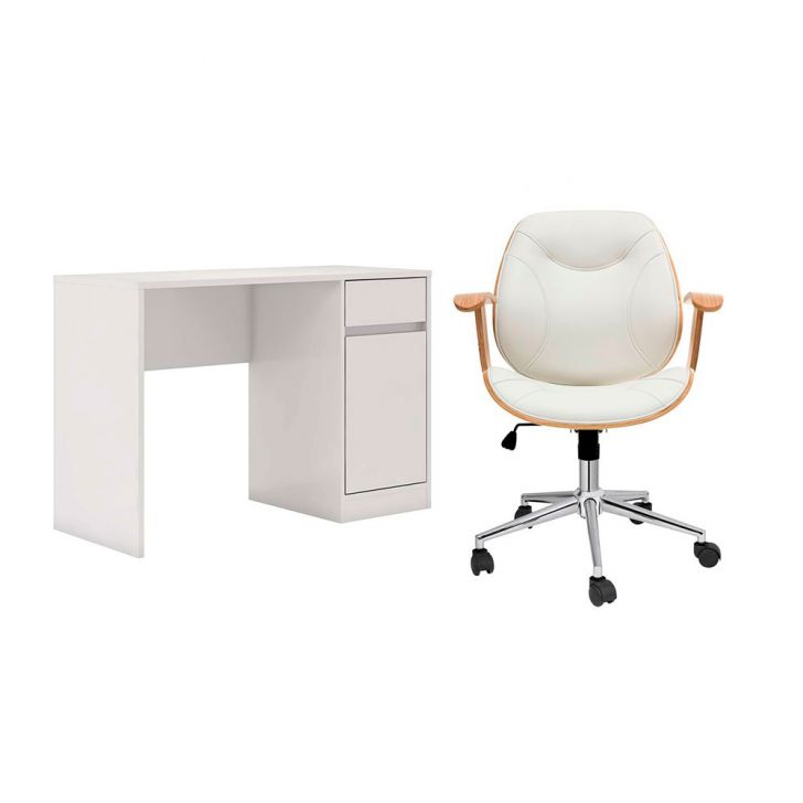 Conjunto de Mesa Morada 1 PT 1 GV com Cadeira de Escritório Diretor Giratória Antonella Branca