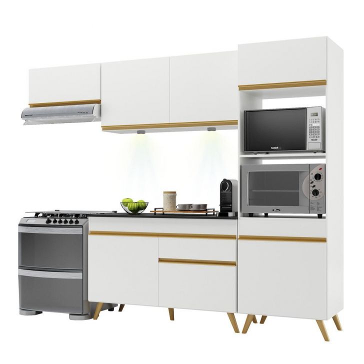 Armário de Cozinha Compacta 252cm com Leds Veneza Up Multimóveis V2015 Branco/Dourado