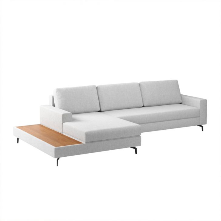 Sofá 6 Lugares Loft Com Chaise Esquerdo E Deck De Apoio Linho Cinza 322 Cm