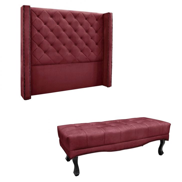 Conjunto de Cabeceira King com Recamier Vicenza Veludo Vinho