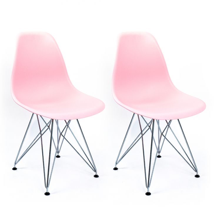 Conjunto com 2 Cadeiras Eames Cromado e Rosa