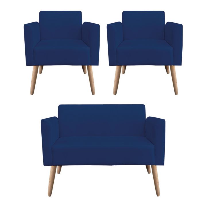Kit 01 Namoradeira 02 Lugares e 02 Poltronas Marisa Suede Azul Marinho Pés Palito Natural D'Rossi
