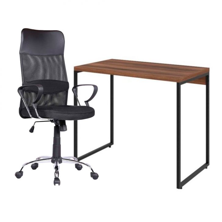 Conjunto de Mesa Studio Nogal com Cadeira de Escritório Diretor Giratória Vancouver Preta