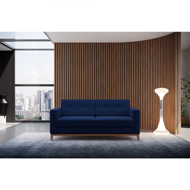 Sofá 2 Lugares Living Pés E Base Em Madeira Linho Cotton Azul Marinho
