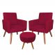Kit 2 Poltronas e Puff Banqueta Redonda Nina Suede Vermelho Pés Palito Castanho - Pallazio