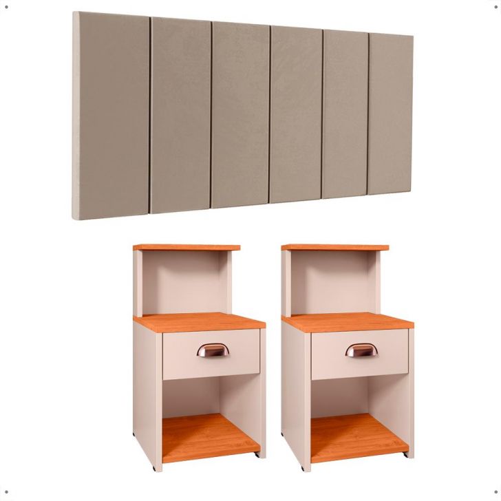Kit 2 Mesinhas Gaveta Prateleira Suspensa Cléo Off/Cinamomo Cabeceira Estofada Júlia Suede Cama Casal Queen 1,60 Bege Quarto - RPM