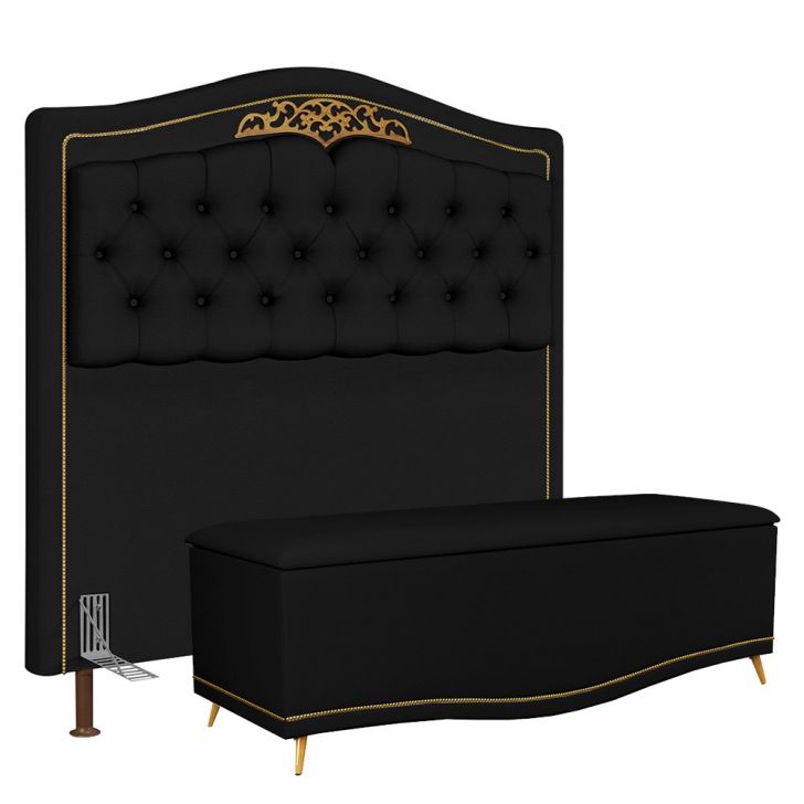 Cabeceira Cama Box Casal King 195cm Com Calçadeira Baú Imperial J02 Sintético Preto - Mpozenato