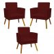 Kit 3 Poltronas Decorativas Para Sala, Manicure, Quarto Nina Com Base Suede Bordô Pé Castanho - Clique E Decore