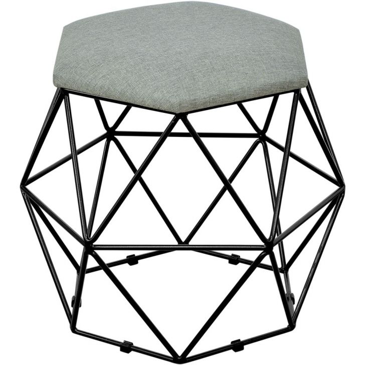 Puff Decorativo Aramado Preto Six L02 Linho Cinza Escuro - Lyam Decor