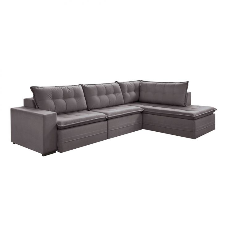 Image of Sofá 5 Lugares Presidente Com Chaise Direito Veludo Cinza 316 Cm PLA-ES745UP27LGQMOB