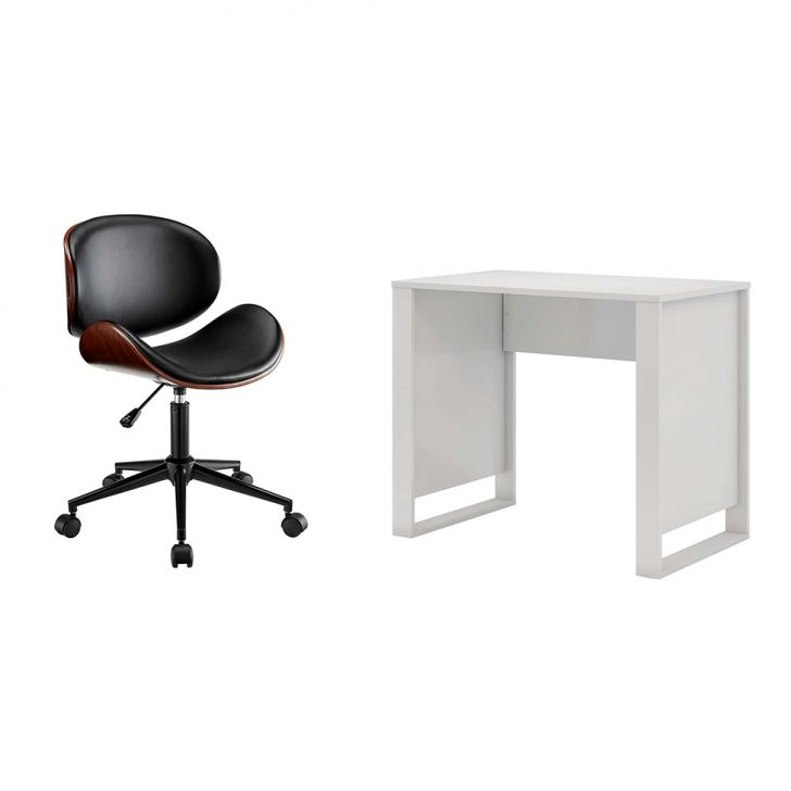 Conjunto de Mesa Morada Branca com Cadeira de Escritório Diretor Giratória Bergen Preta