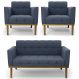 Sofá Namoradeira e 2 Poltronas Base Madeira Castanho Ana Suede Azul Marinho - Ibiza