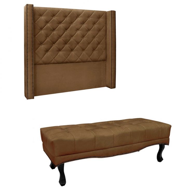 Conjunto de Cabeceira Casal com Recamier Vicenza Suede Caramelo