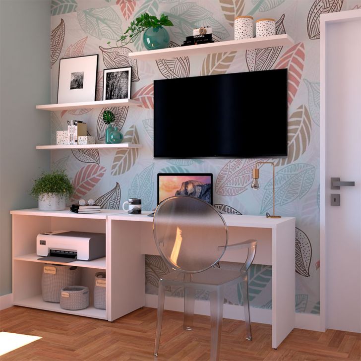 Conjunto De Mesa Com Estante E 3 Prateleiras Siena Branco