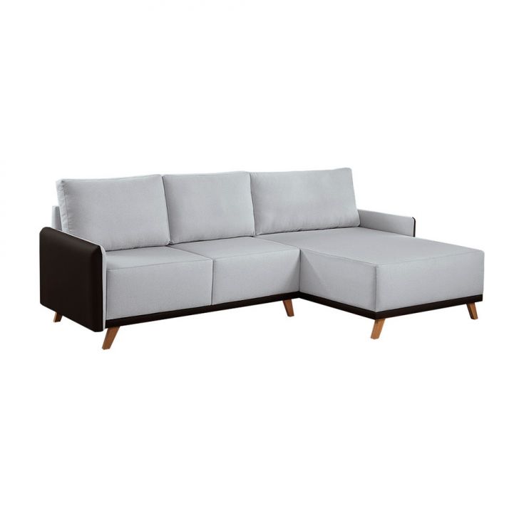 Sofá 5 Lugares Geribá Com Chaise Direito Linho Cinza Claro E Preto