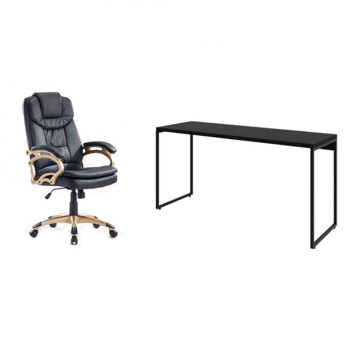 Conjunto de Mesa Studio 150 cm com Cadeira de Escritório Presidente Giratória com Relax Clark Preta e Dourada