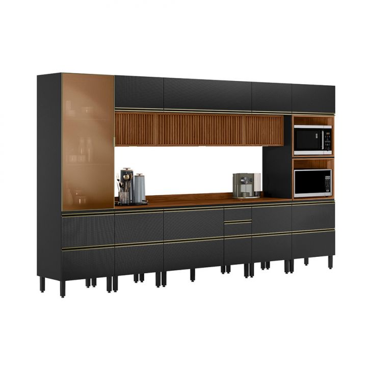 Cozinha Completa com Vidro Reflecta e Ripado Proença 12 Portas 9 Gavetas Carbono e Nogueira