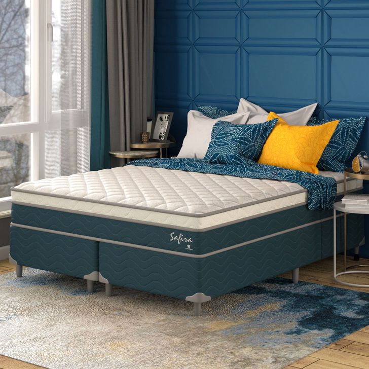 Cama Box Queen Com Colchão Safira (63x158x198) Azul E Branco