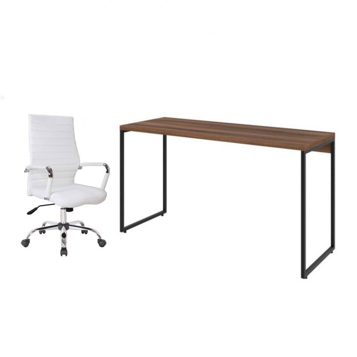Conjunto de Mesa Studio Nogal 135 cm com Cadeira de Escritório Diretor Giratória Cleaner Branca
