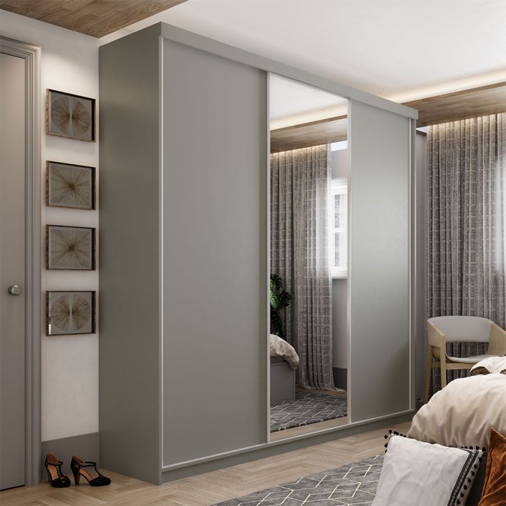 Image of Guarda-roupa Casal Com 1 Espelho Geneve 3 Portas 4 Gavetas Cinza PLA-MO895CL27OAMMOB