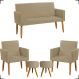 Kit Namoradeira + 2 Poltronas Decorativas Para Sala Nina + 2 Puff Redondos Suede Nude Pé Castanho