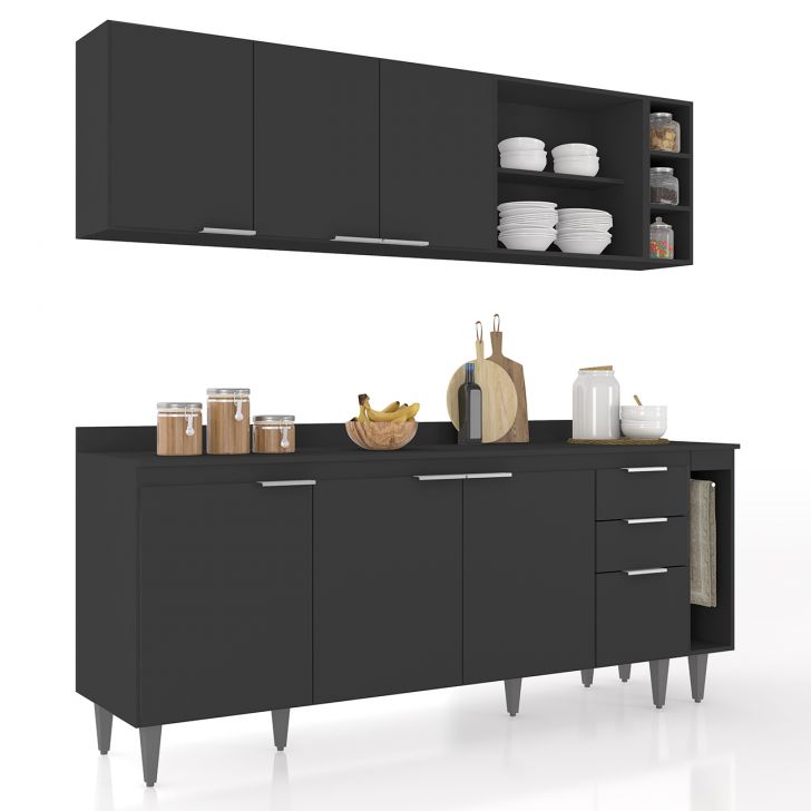 Armário de Cozinha Com Tampo CP11 200cm Pérola Preto Z34      - Mpozenato