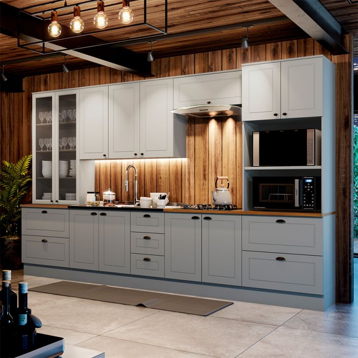 Cozinha Compacta Americana 12 Portas 7 Gavetas Branca e Cinza