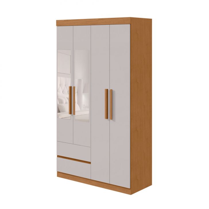 Guarda-roupa Casal Com Espelho Zeus Sem Pés 4 Portas 2 Gavetas Off White E Amêndoa