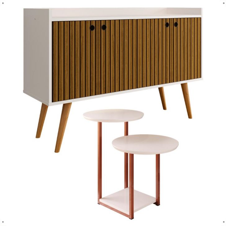 Kit Casa Aparador Buffet Dallas Off White/Ripado Cantinho Café Mesa Apoio Lateral Luiza Pés Ferro Rose Decoração Sala Estar - Lojas RPM