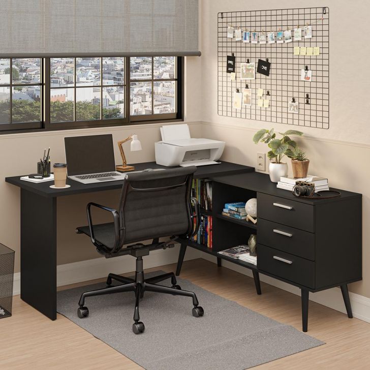 Escrivaninha Mesa de Escritório de Canto 3 Gavetas Preto Lisboa Madesa